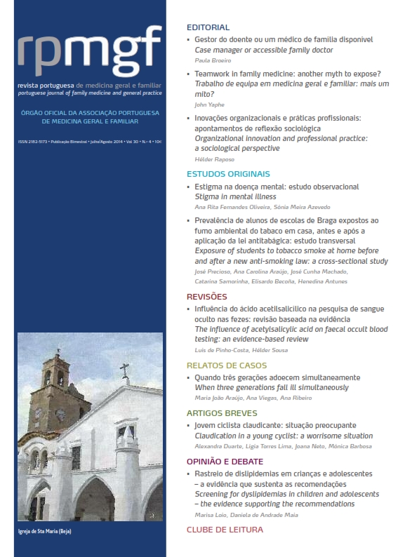 					Ver Vol. 30 N.º 4 (2014): Revista Portuguesa de Medicina Geral e Familiar
				